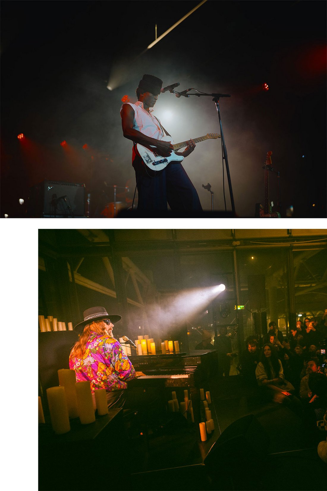 La soirée "Because Beaubourg" révèle toute sa richesse musicale à travers deux performances emblématiques. En haut, Keziah Jones livre un show énergique, sculpté par les lumières vives et l’intensité de ses riffs funk-blues. En bas, Sébastien Tellier installe une atmosphère feutrée, entre velours vocal et lueur des bougies, dans un décor presque mystique. Deux visions de la scène, entre tension électrique et douceur méditative, réunies dans le cadre audacieux du Centre Pompidou.