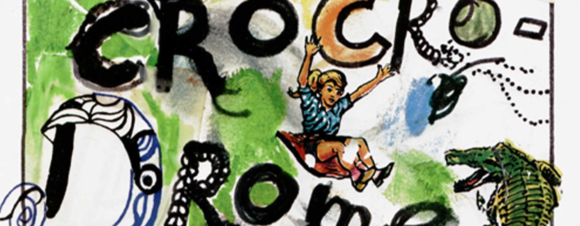 L’affiche du Crocrodrome de Zig et Puce, à la fois vive et foisonnante, témoigne de l’esprit exubérant et ludique de l’œuvre de Jean Tinguely et de son univers visuel en 1977. Elle combine dessin à main levée, collages, lavis colorés et typographie manuscrite pour créer une composition éclatée, à la frontière entre art brut, bande dessinée et graphisme expérimental. Le mot 'CROCRODROME' est écrit en lettres noires déformées et dansantes, entouré de personnages et de créatures hybrides : un crocodile verdâtre, un escargot géant, une créature semblable à un dinosaure, une araignée noire stylisée. Des figures enfantines, notamment les célèbres personnages de Zig et Puce, semblent flotter ou interagir avec ces formes, créant un dialogue visuel entre imaginaire narratif et art plastique. Le fond est un patchwork de taches d’aquarelle jaune, verte, rose et beige, renforçant la spontanéité et la texture gestuelle du visuel. En bas de l’affiche, l’annonce manuscrite de l’exposition au Centre Georges Pompidou complète le ton artisanal de l’ensemble. Cette affiche constitue à la fois un objet promotionnel et une œuvre artistique autonome, incarnant l’essence du Crocrodrome : un monde d’inventions, de jeux, de mécanismes et d’imaginaire mécanique.