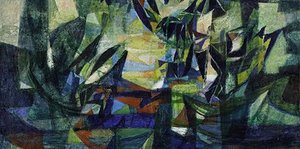 Dans cette œuvre intitulée « Composition » réalisée en 1939, Fédor Löwenstein déploie un langage plastique vibrant, mêlant abstraction géométrique et expressivité émotionnelle. La toile est structurée par une série de formes anguleuses, superposées et éclatées, qui évoquent des éléments végétaux stylisés – peut-être des feuillages ou des arbres – baignant dans une lumière centrale diffuse. Les couleurs dominantes sont le vert émeraude, le bleu profond, le violet, avec des éclats de jaune pâle et d’orange qui dynamisent l’ensemble. Une sensation de mouvement se dégage de cette composition complexe, comme si le paysage se reconfigurait sans cesse sous l’effet d’une lumière intérieure. À travers cette abstraction maîtrisée, Löwenstein exprime à la fois un ordre structuré et une tension chaotique, reflet probable du climat instable de la fin des années 1930. Spoliée par les nazis durant la Seconde Guerre mondiale, cette œuvre a été restituée en septembre 2025 aux ayants droit de l’artiste, venant réparer une injustice historique et culturelle.