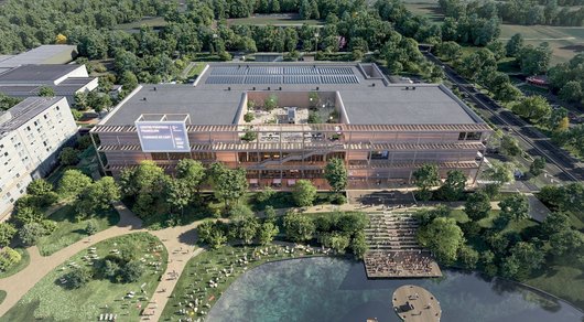 Centre Pompidou Francilien à Massy : maquette d'architecture : vue de la façade sur le lac et du toit terrasse