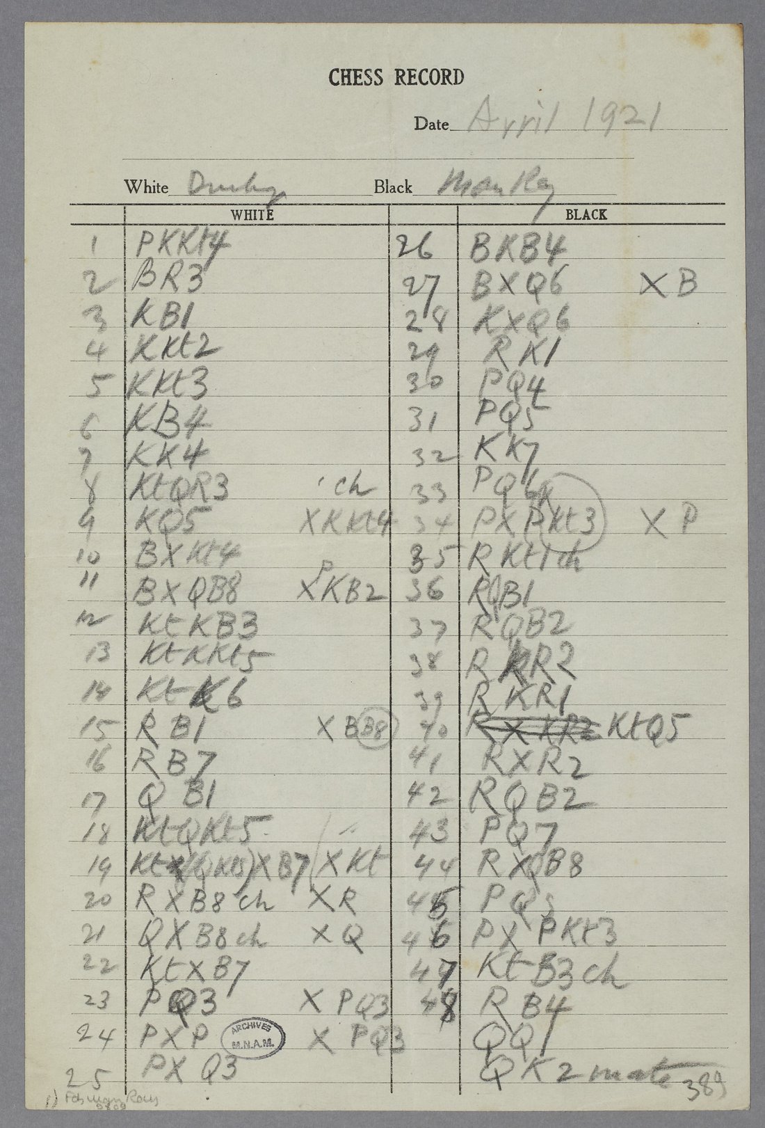 Portail Duchamp : Fiche de score pour une partie d'échecs jouée entre Marcel Duchamp et Man Ray