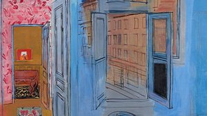 Cette peinture signée Raoul Dufy représente l’intérieur de son atelier situé au 5, impasse Guelma, à Paris. La scène se déploie en une composition architecturale complexe, où les portes ouvertes, les fenêtres et les cadres s’imbriquent comme un jeu de perspectives successives. À gauche, les murs sont habillés de papiers peints floraux rouges sur fond rose, et un couloir mène vers une pièce plus chaude, baignée d’ocre, où une toile rouge sur un chevalet semble capter le regard. Au sol, un tapis orné de motifs floraux renforce la sensation de confort intime. La partie droite du tableau s’ouvre sur un espace baigné de bleu clair, dominé par la lumière qui entre par une verrière ouverte sur la ville. Les immeubles parisiens se reflètent à travers les vitres dans des tons orangés, créant un contraste vibrant avec les murs bleutés de l’atelier. Au premier plan, une petite table ronde porte une palette, seul élément circulaire au sein de cette composition orthogonale. Ce tableau est à la fois un portrait mental de Dufy et un manifeste de son art : lumière, couleurs franches, géométrie vivante et ouverture sur l’extérieur. Le bleu, couleur signature du peintre, devient ici un climat à part entière, capable d’absorber les autres teintes sans les éteindre, et de faire circuler la vie dans un espace sans figure humaine mais profondément habité.