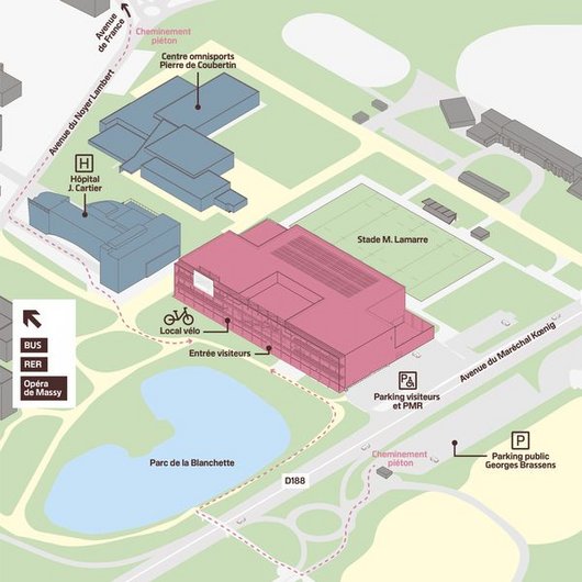 Centre Pompidou Francilien, Massy : plan accès en transports en commun, à pieds, à vélo