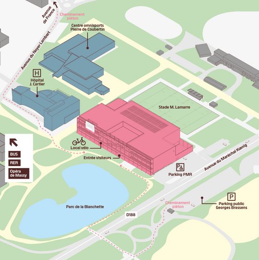 Centre Pompidou Francilien, Massy : plan accès en transports en commun, à pieds, à vélo