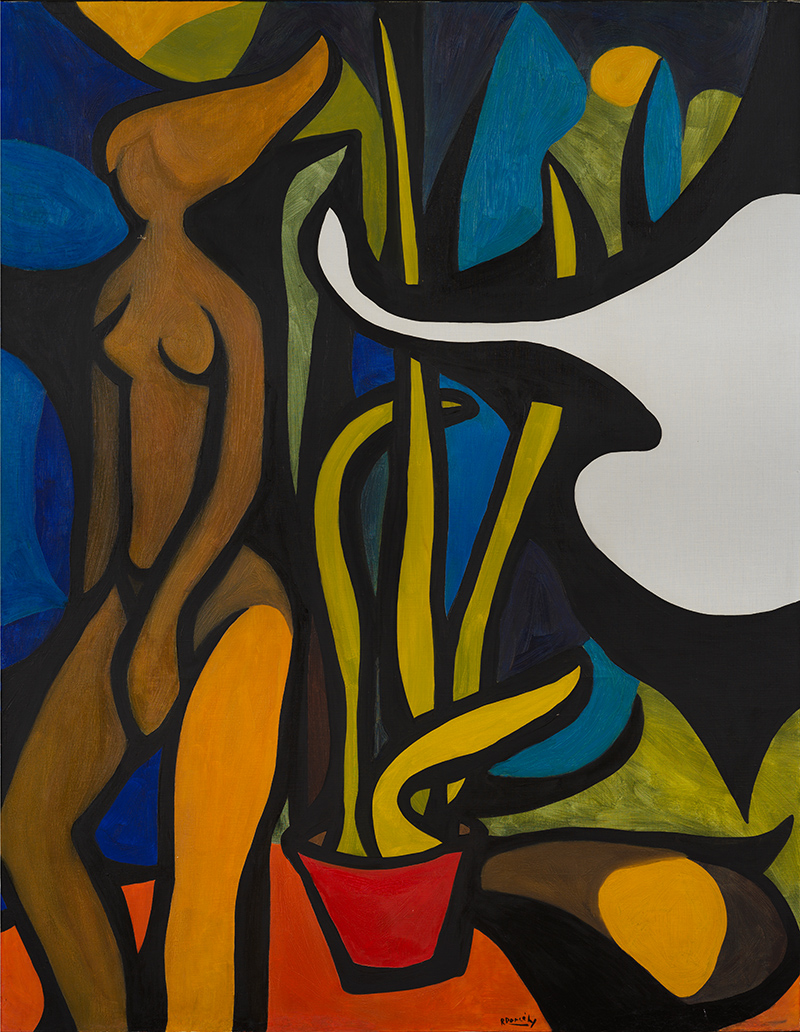 In this bold composition titled “Leda and the Swan” (1958), Roland Dorcély reinterprets the classical myth through a modern visual language that blends abstraction with symbolism. A stylized, curvaceous female figure dominates the canvas, representing Leda. She stands nude amidst a dynamic and colorful setting, her body interwoven with vegetal forms. Thick black contours outline each shape, reminiscent of stained glass or expressionist woodcuts, guiding the viewer's gaze across the image. To the right, a flowing white form suggests the swan—Zeus in disguise—seemingly gliding or merging into the abstract background. The composition bursts with vibrant colors: yellow, blue, red, green, and deep black, generating a dramatic tension and a dreamlike ambiance. Through its contrasts, fluid forms, and vivid palette, the painting conveys intense inner energy, where sensuality, nature, and mythic power converge.