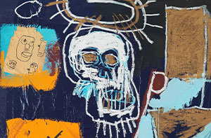 This powerful work by Jean-Michel Basquiat delves into themes of slavery, Black identity, and human commodification. On a dark, chaotic background accented with bright orange, electric blue, and white, a haloed skull, a striped figure, and a series of cartoonish faces emerge. The raw brushstrokes, drips, scribbles, and collages create a sense of controlled chaos, echoing the violent and fragmented history of African Americans. The painting evokes urgency, tension, and resistance, blending street art energy with symbolic and socio-political critique.