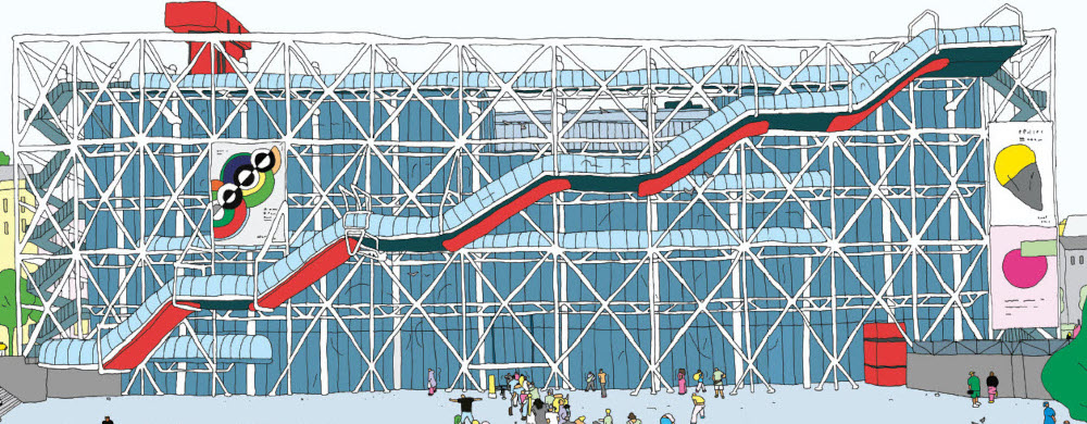 Loic Froissart, planche extraite du livre "Dans les tuyaux du Centre Pompidou" : la façade du Centre Pompidou