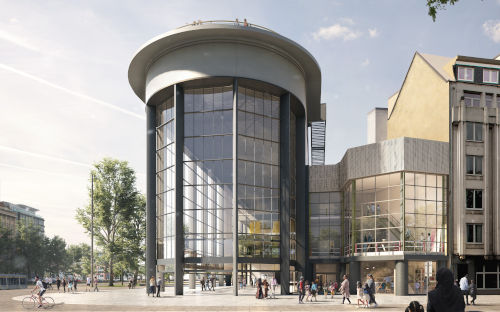 Kanal–Centre Pompidou, Bruxelles : détail de la façade de jour