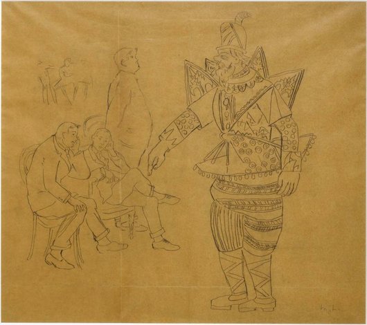 Mikhail F. Larionov, Serguei Prokofiev, Serguei Diaghilev, Mikhail Larionov et Tadeusz Slavinsky dans le rôle principal du ballet Chout [Le Bouffon] 1921 